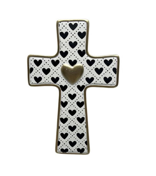 Croix murale à cœurs noirs avec cœur doré en relief style ex-voto