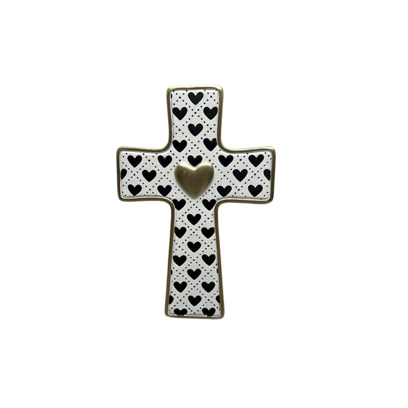 Croix murale à cœurs noirs avec cœur doré en relief style ex-voto