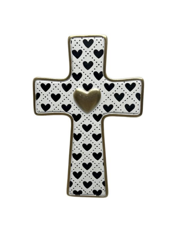 Croix murale à cœurs noirs avec cœur doré en relief style ex-voto
