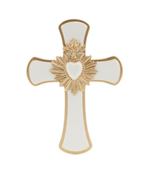 Croix ex-voto blanche et dorée avec cœur sacré rayonnant