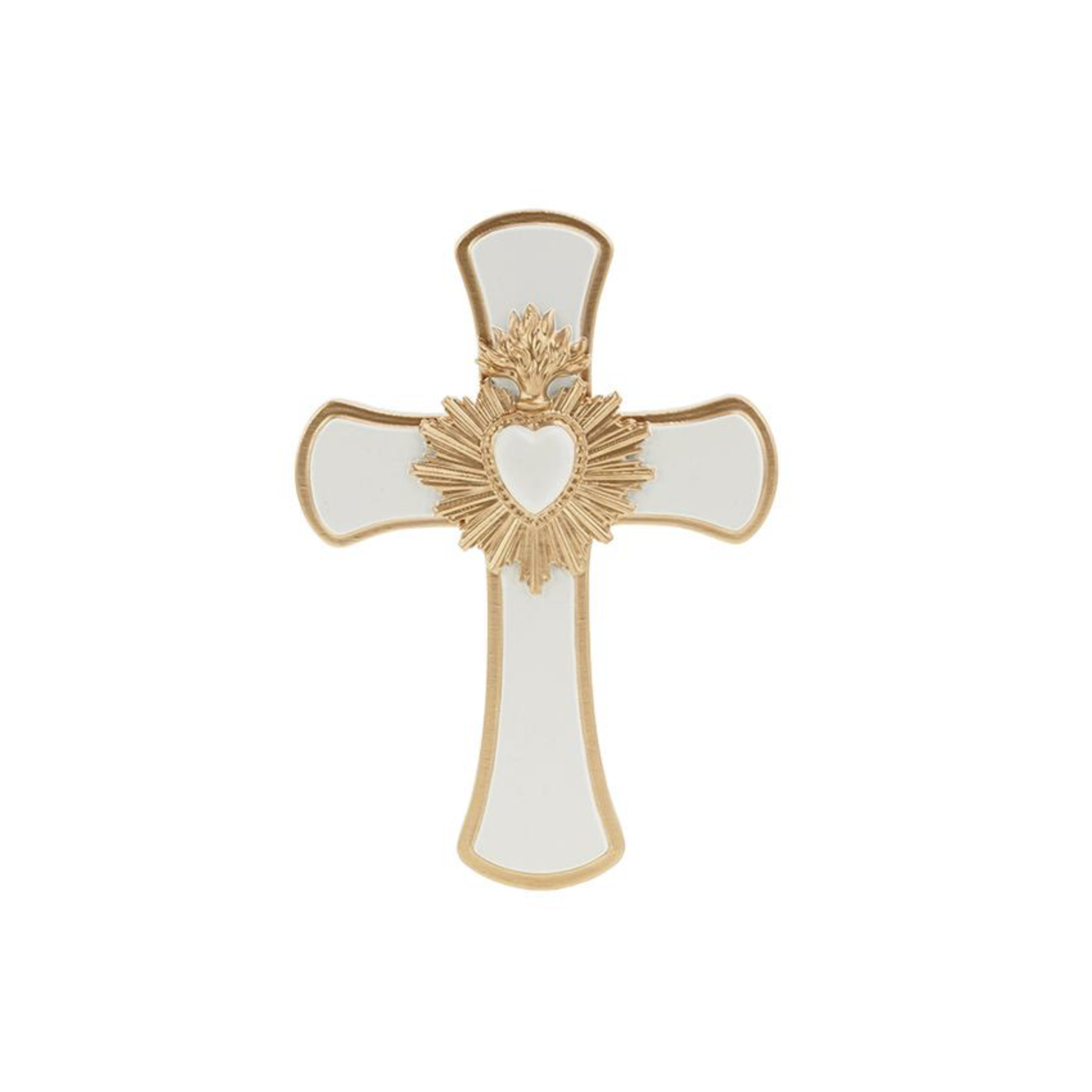 Croix ex-voto blanche et dorée avec cœur sacré rayonnant