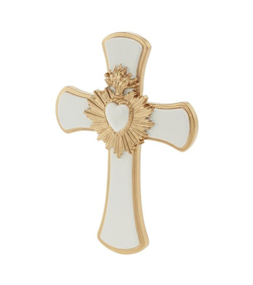 Croix murale blanche et dorée cœur sacré vue de profil