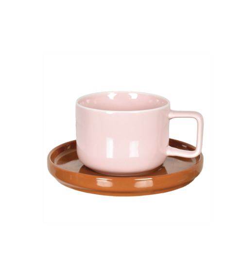Tasse à café en faïence rose avec sous-tasse brune