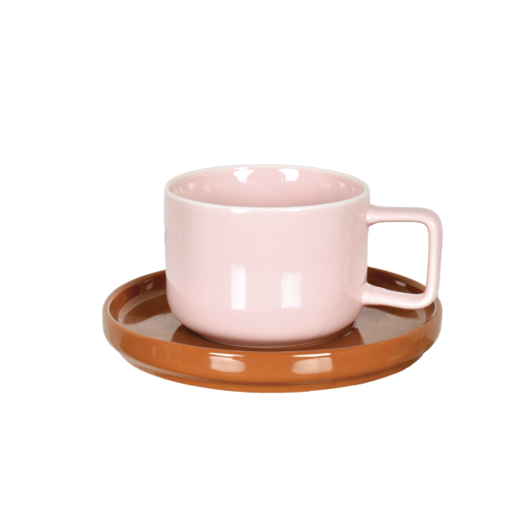 Tasse à café en faïence rose avec sous-tasse brune