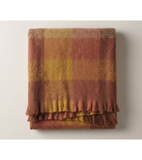 Plaid terracotta et ocre à carreaux avec franges