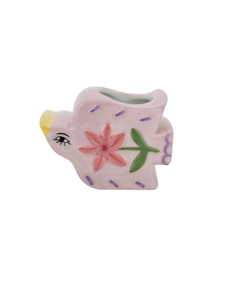 Petit vase oiseau fleuri en céramique rose