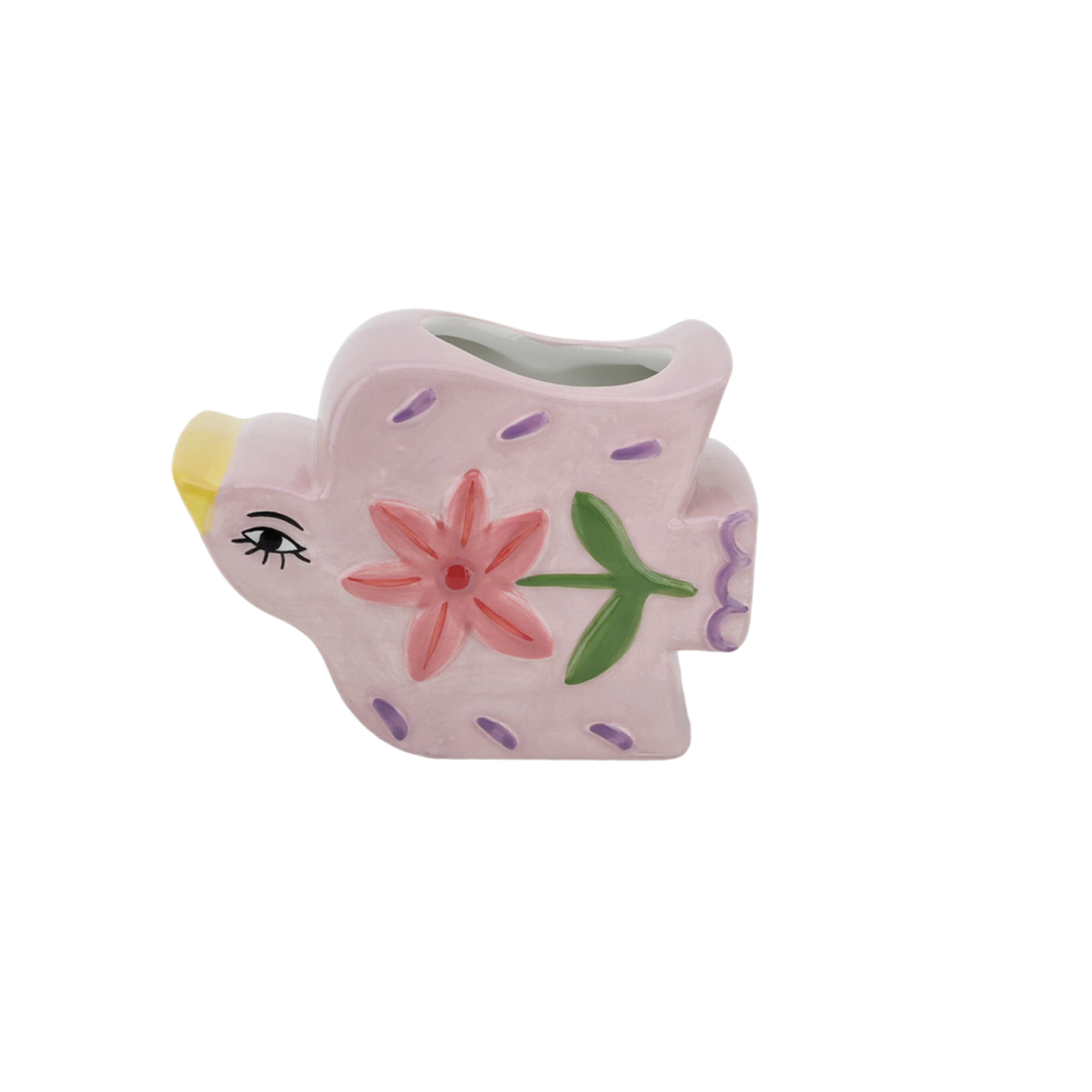 Petit vase oiseau fleuri en céramique rose