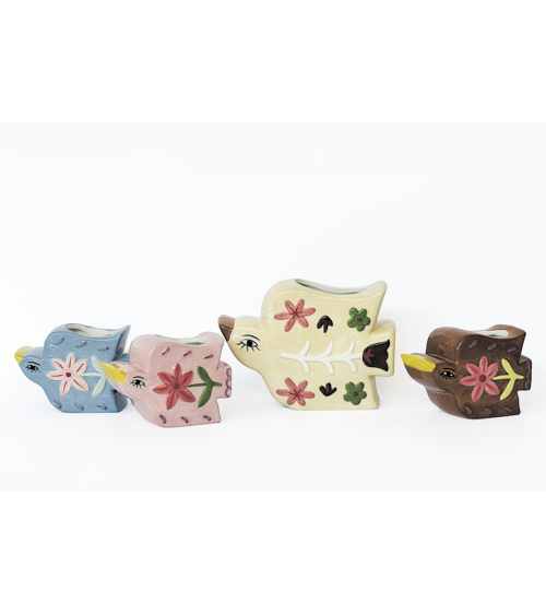 Vases oiseaux fleuris en céramique colorée