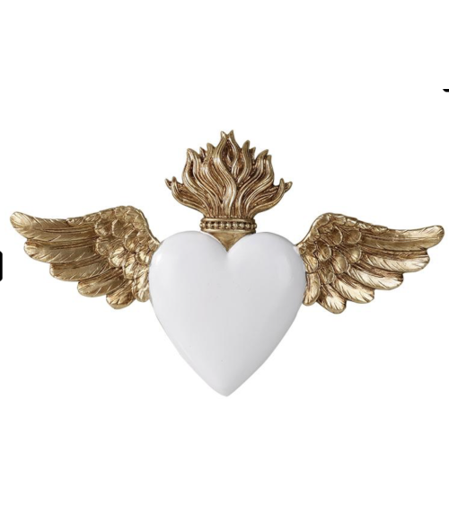 Ex-voto cœur ailé blanc et doré 16 × 10 cm
