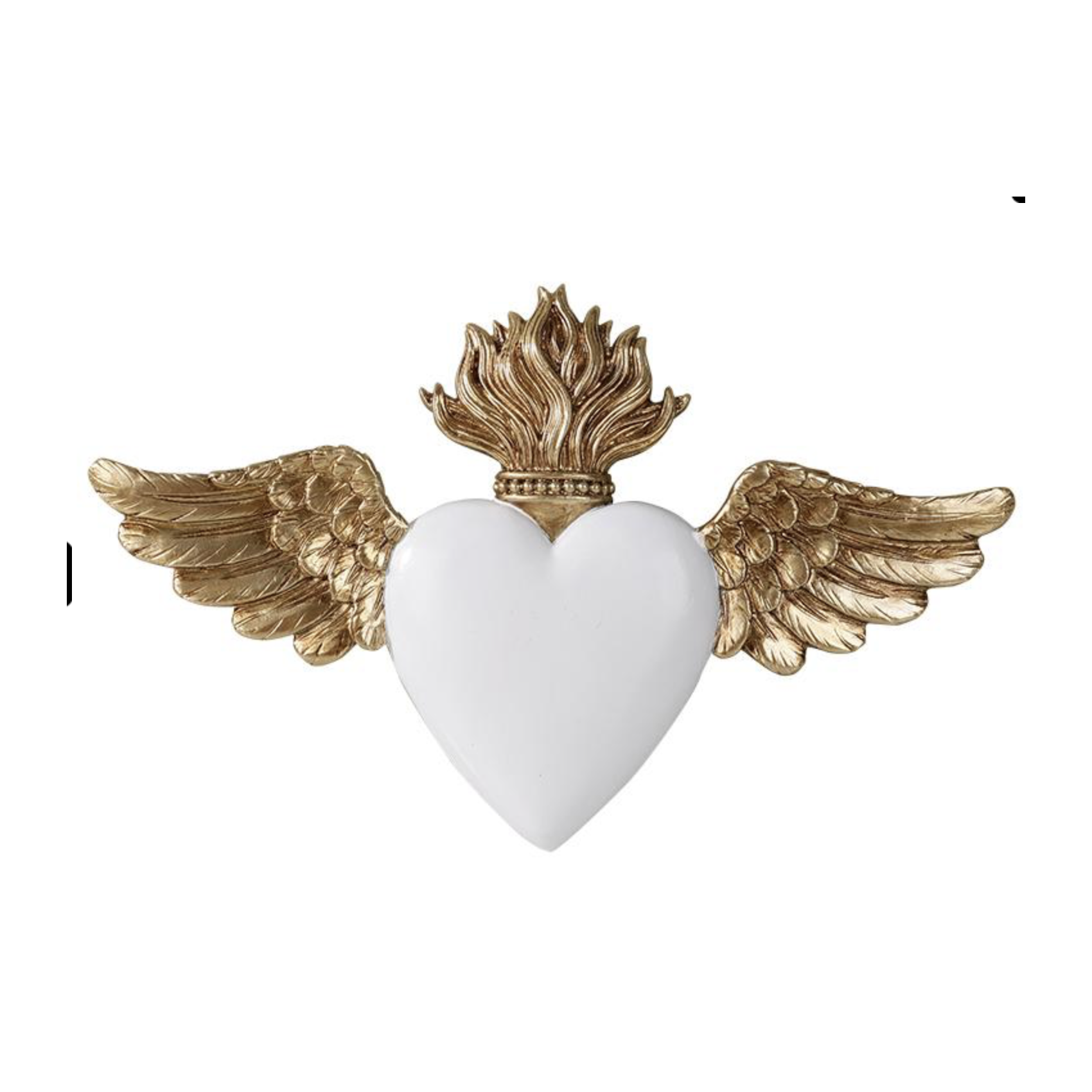 Ex-voto cœur ailé blanc et doré 16 × 10 cm