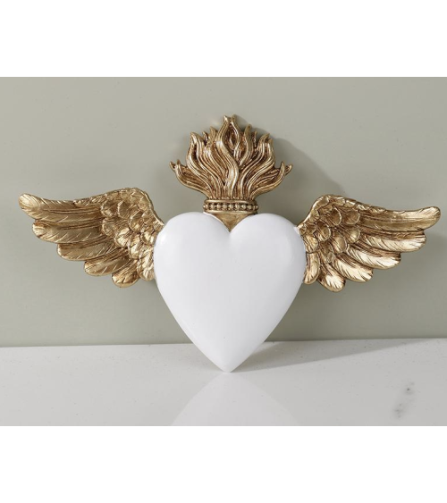 Ex-voto cœur ailé blanc et doré en décoration murale