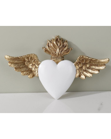 Ex-voto cœur ailé blanc et doré en décoration murale