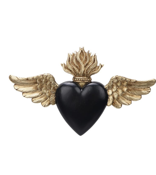 Ex-voto cœur ailé noir et doré 16 × 10 cm