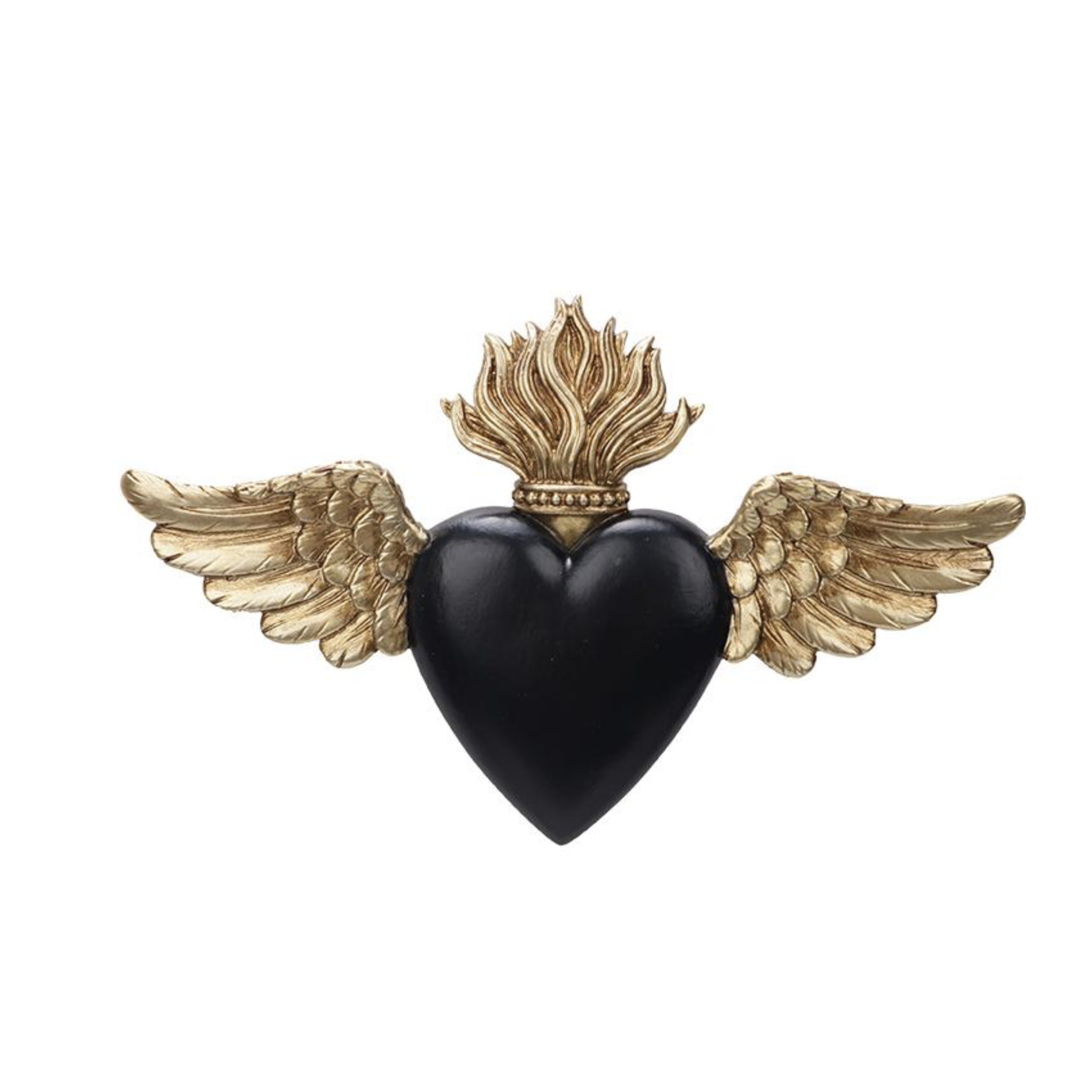 Ex-voto cœur ailé noir et doré 16 × 10 cm