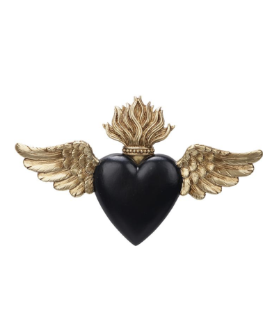 Ex-voto cœur ailé noir et doré 16 × 10 cm