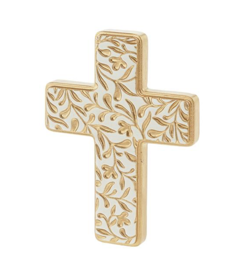 Croix florale blanche et dorée en résine vue de profil