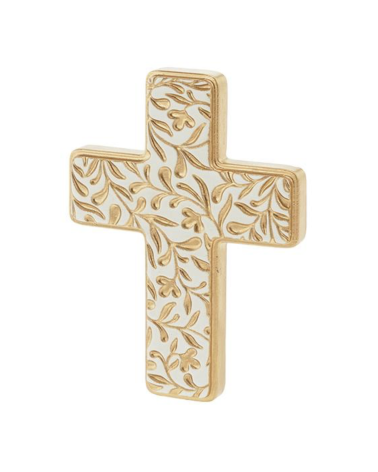 Croix florale blanche et dorée en résine vue de profil