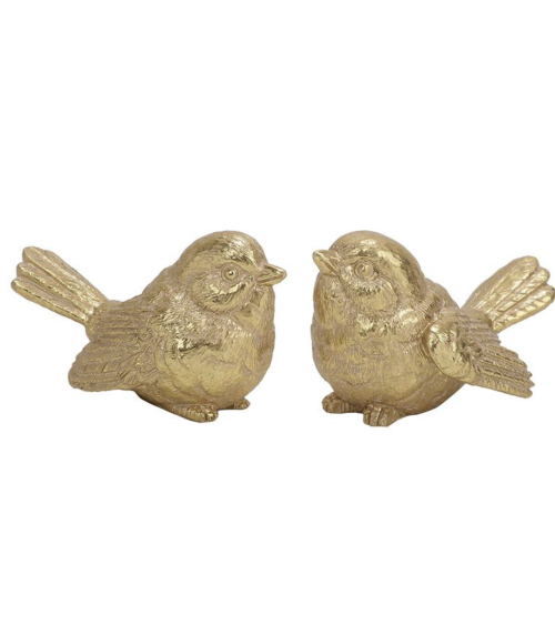 Lot de 2 oiseaux décoratifs dorés en résine