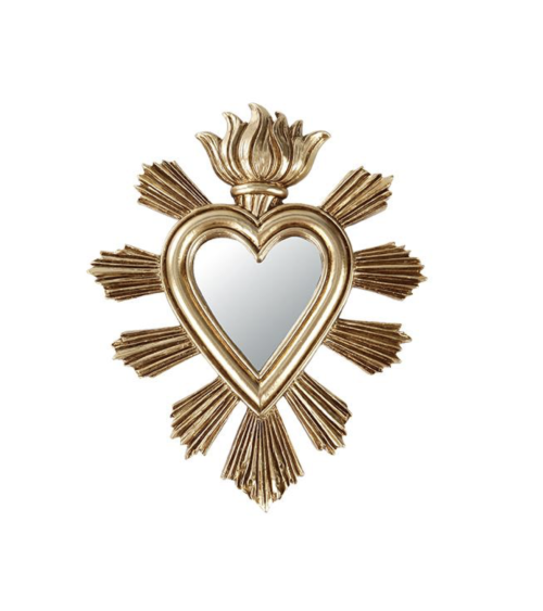 Petit miroir cœur flamme doré ex-voto 13,4 × 16,2 cm