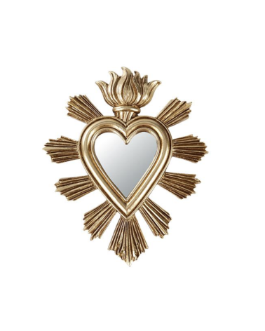 Petit miroir cœur flamme doré – Ex-voto 13,4 × 16,2 cm
