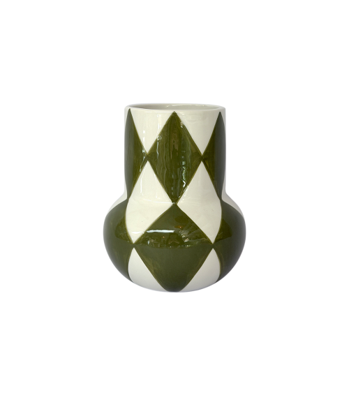 Petit vase en céramique à losanges kaki et blancs