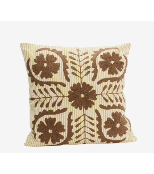 Housse de coussin fleurs brunes brodées sur fond rayé jaune