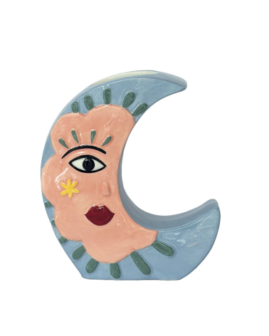 Vase lune visage bleu en céramique