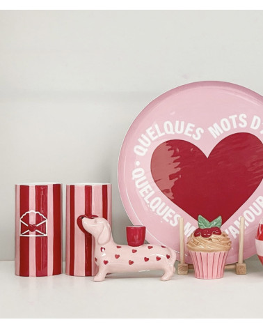 Bougeoir teckel rose à cœurs en céramique