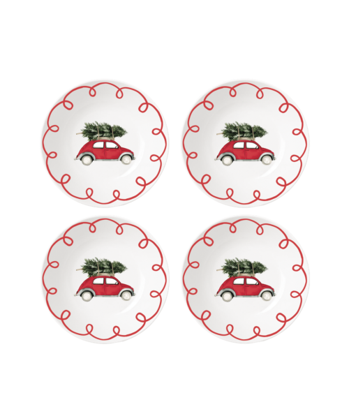 Set de 4 assiettes dessert Noël voiture rouge et sapin 19 cm