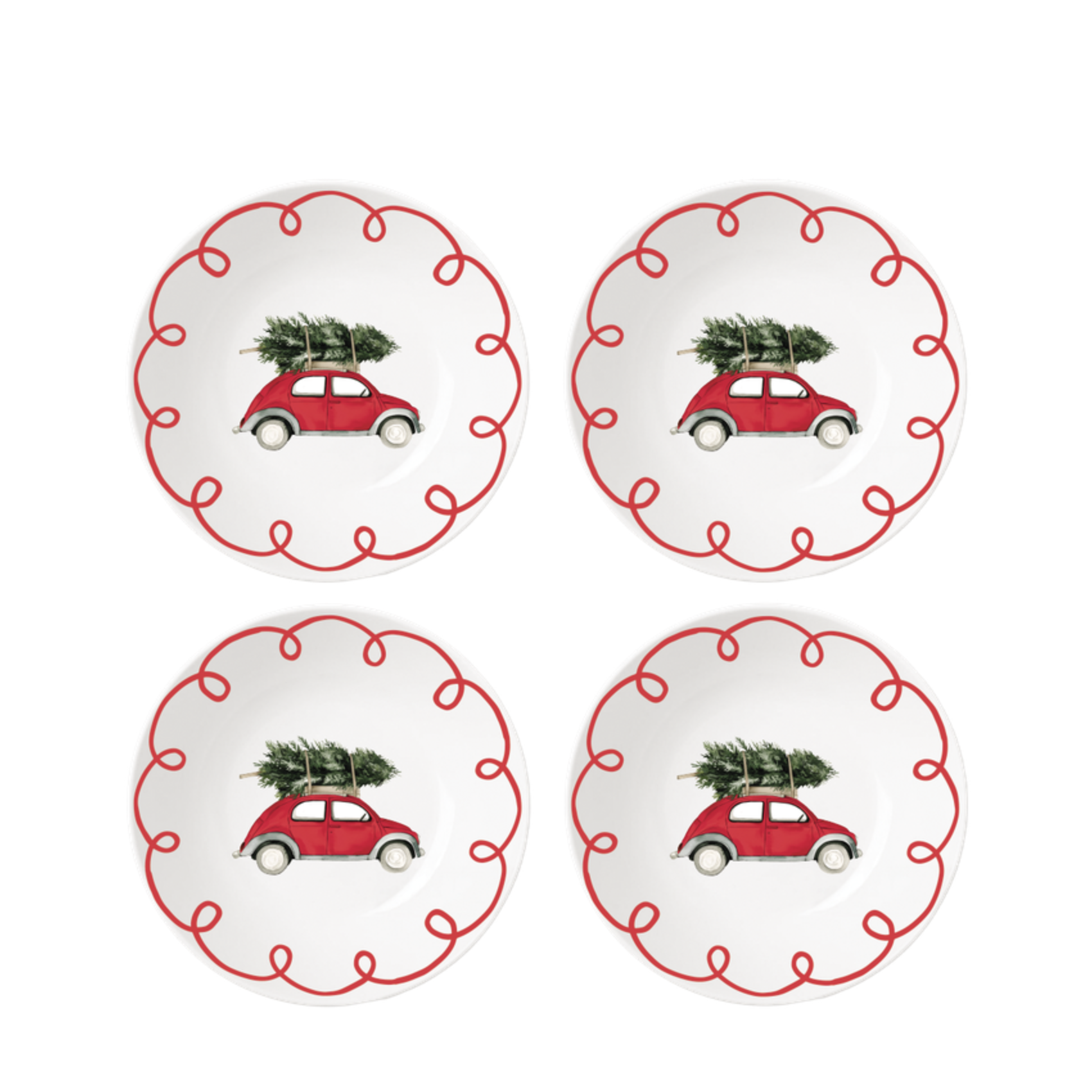 Set de 4 assiettes dessert Noël voiture rouge et sapin 19 cm