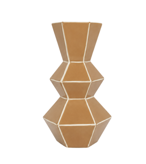 Vase géométrique en grès caramel 32,5 cm aux lignes écrues