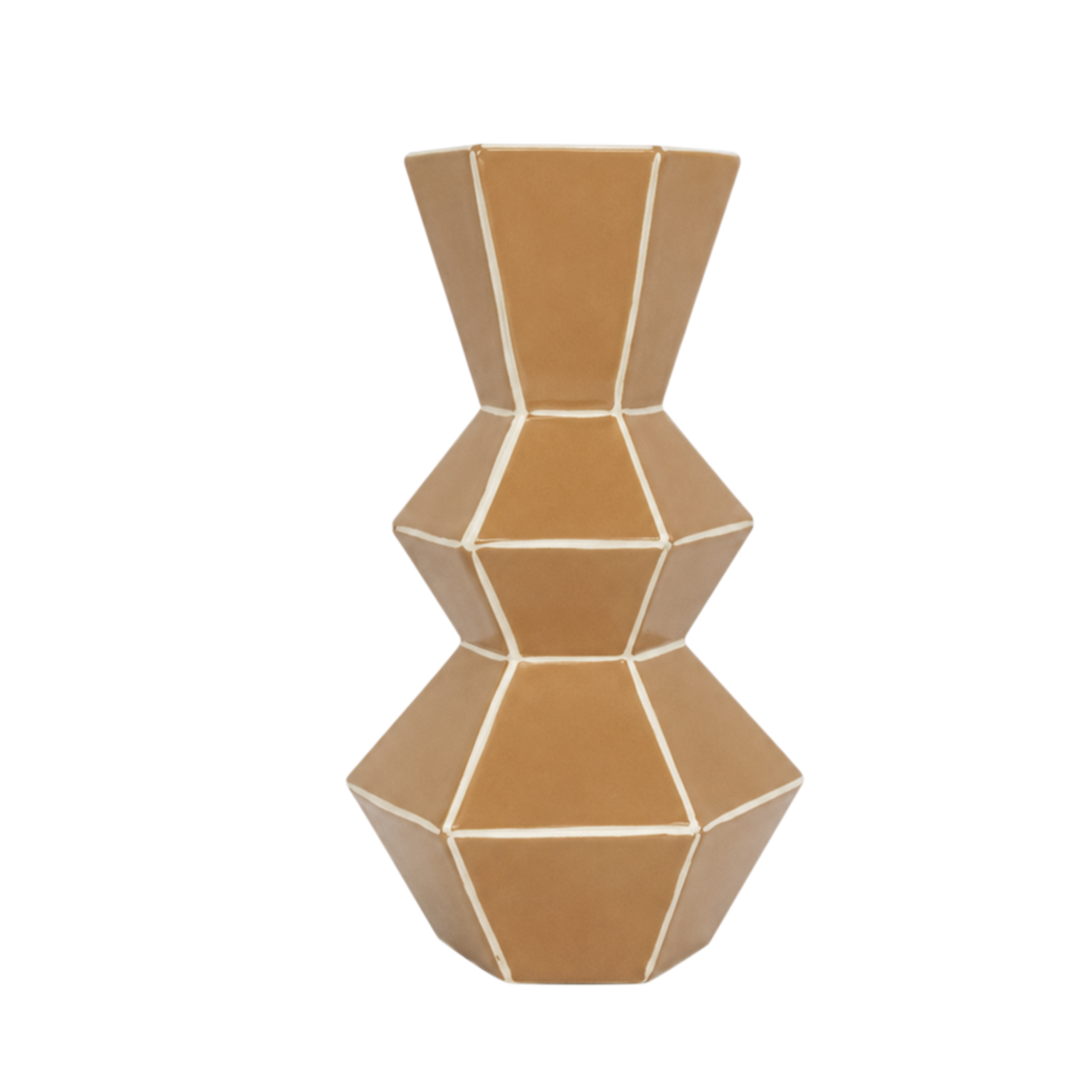 Vase géométrique en grès caramel 32,5 cm aux lignes écrues