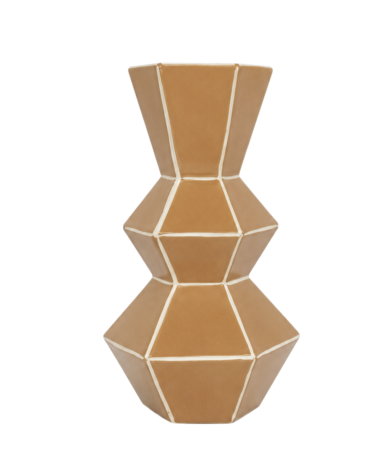 Vase géométrique en grès caramel 32,5 cm aux lignes écrues