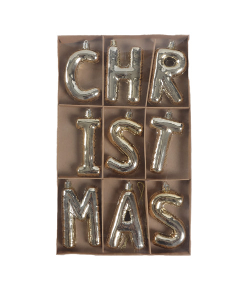 Coffret de 9 lettres de Noël dorées CHRISTMAS à suspendre