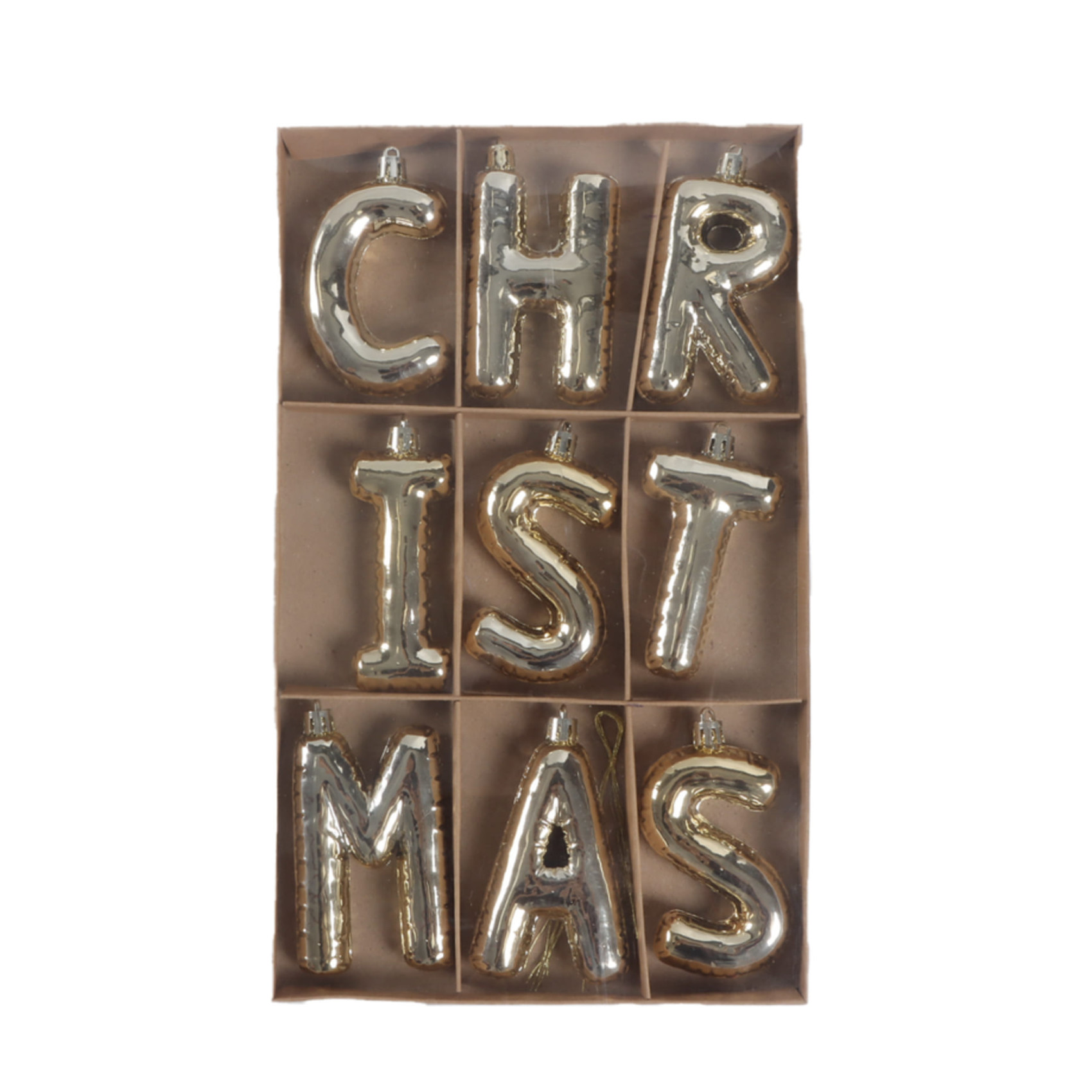 Coffret de 9 lettres de Noël dorées CHRISTMAS à suspendre