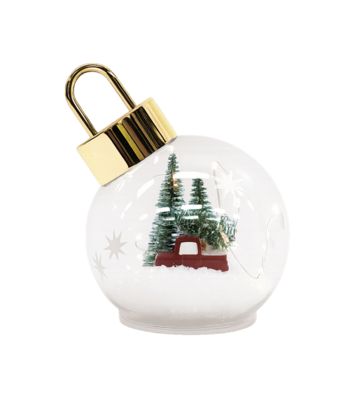 Boule de Noël lumineuse LED avec voiture rouge et sapins sous verre
