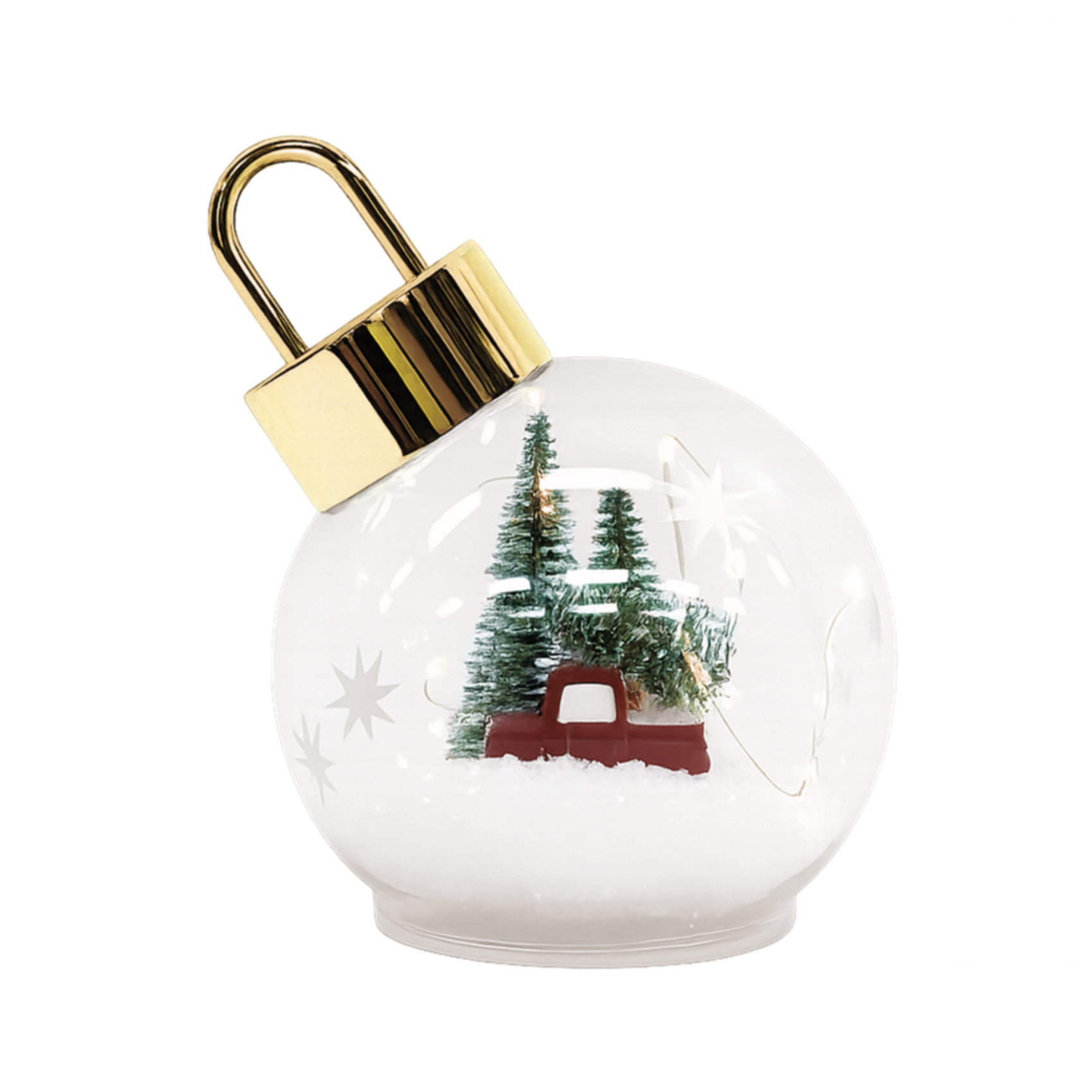 Boule de Noël lumineuse LED avec voiture rouge et sapins sous verre