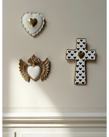 Ex-voto mural cœur ailé blanc et doré