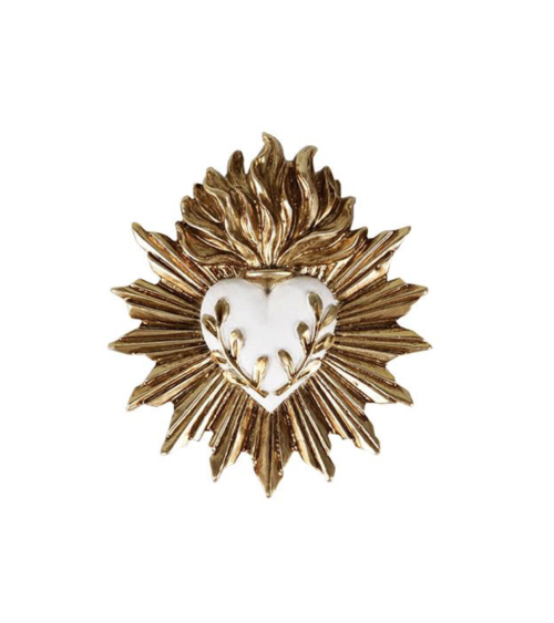 Ex-voto cœur sacré blanc avec rameaux dorés, rayons et flamme sculptée