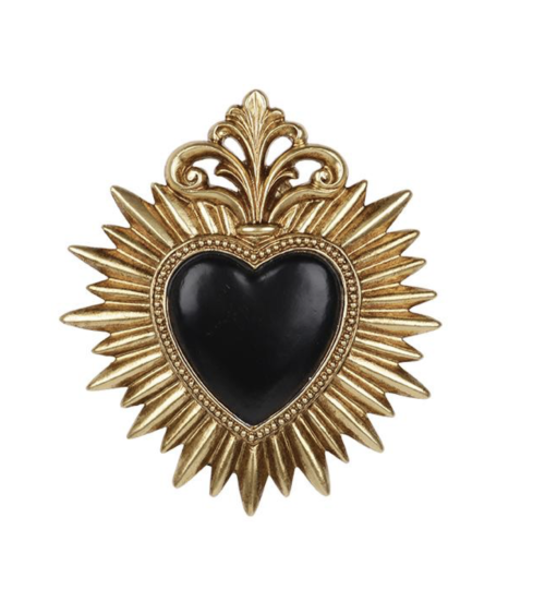 Ex-voto cœur noir brillant à couronne baroque et rayons dorés