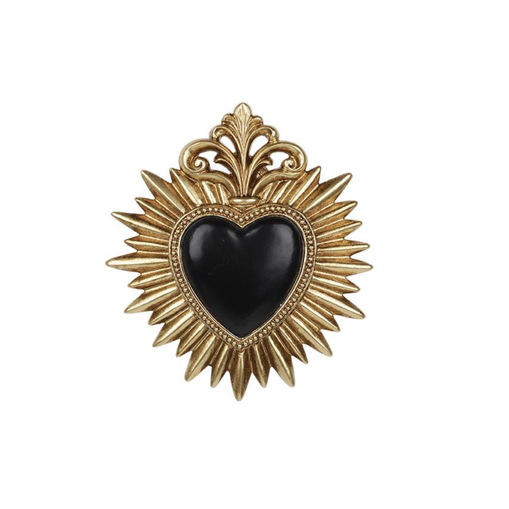Ex-voto cœur noir brillant à couronne baroque et rayons dorés