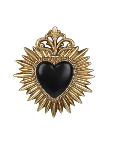 Ex-voto cœur noir brillant à couronne baroque et rayons dorés